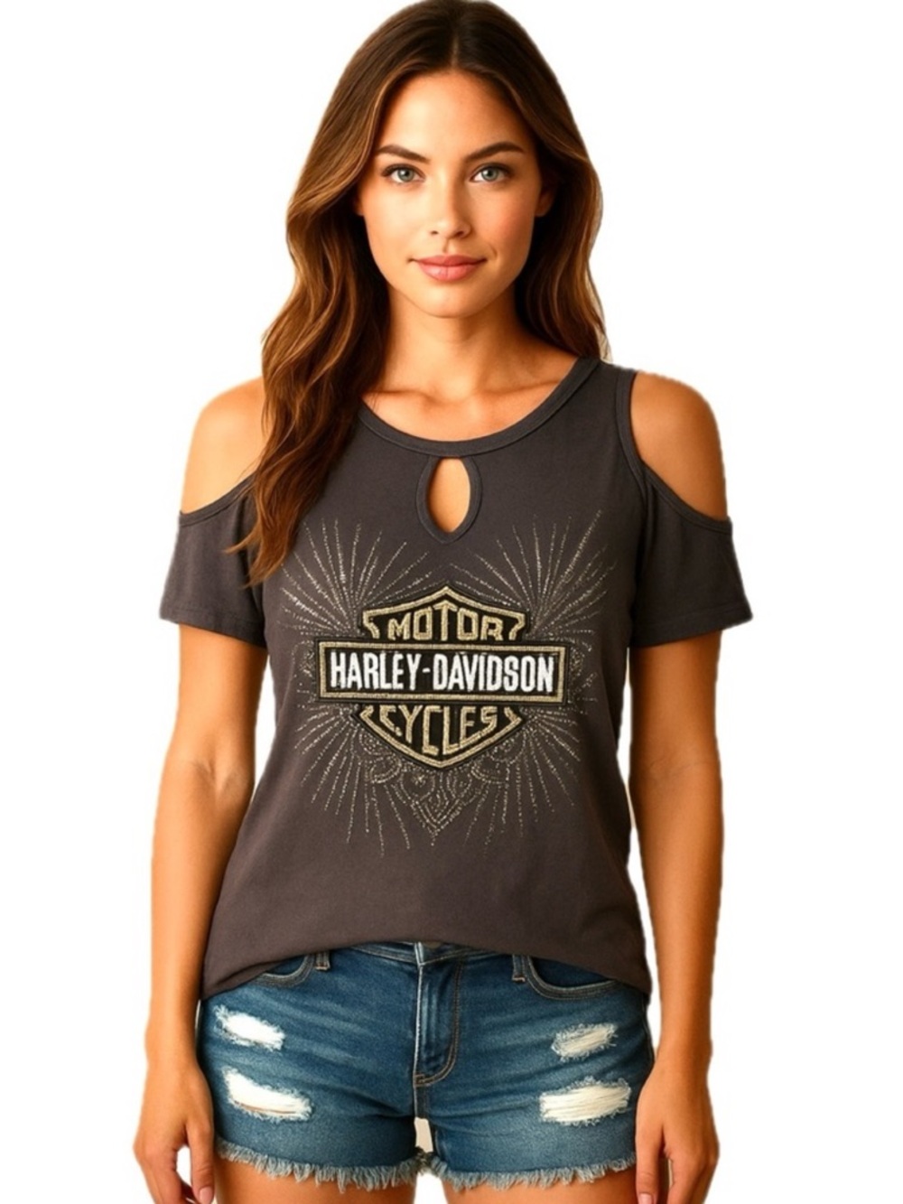Harley Davidson top charmed wings cold shoulder  keyhole medium NWT